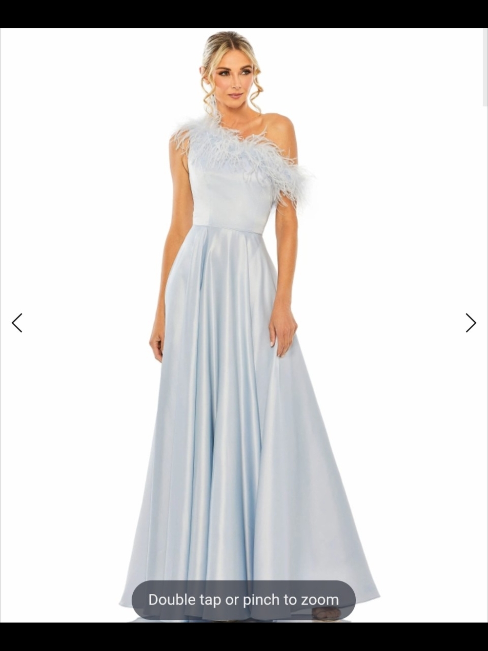 Mac Duggal Pale Blue One-Shoulder Feather-Trim Satin Prom Gown
